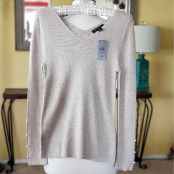 NWT Ann Taylor Metallic Shimmer Pearlized Slit Cuff Sweater LP - Picture 4 of 7